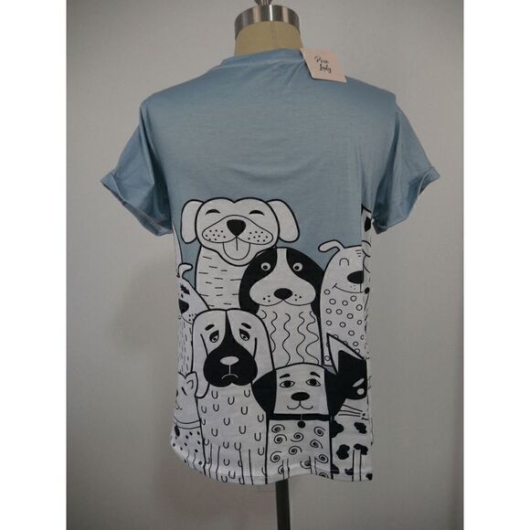 Light Blue & White Dogs Furry Friends Crewneck Short Sleeve Tee S - Picture 3 of 8